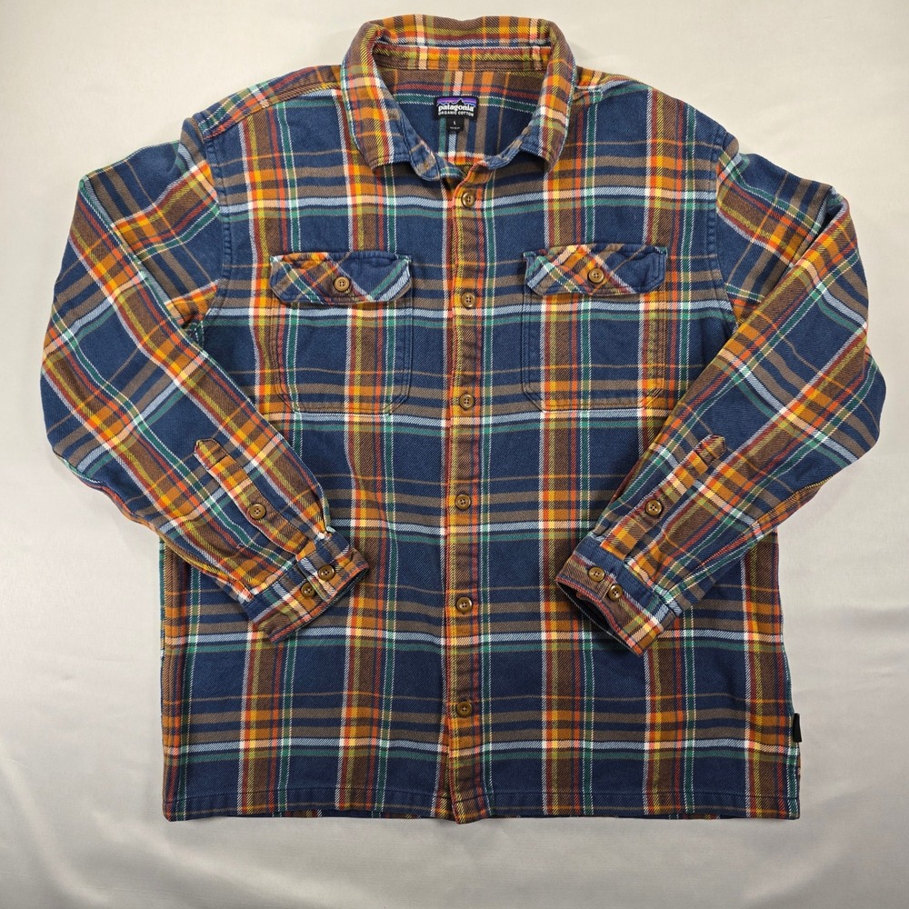 Patagonia Mens Large Organic Cotton Flannel Plaid Button Down Shirt Blue Orange
